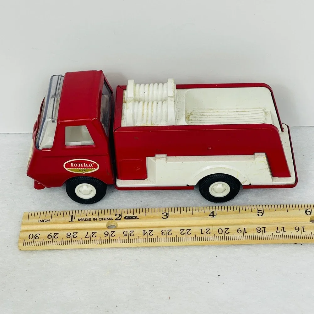 Vintage Tonka USA Pressed Steel Fire Truck Pumper Red White Toy Cabover 5 Inch